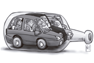 Charge sem falas mostrando o interior de uma garrafa de vidro transparente deitada. Dentro da garrafa, vários carros com motoristas estressados estão espremidos uns contra os outros, sem espaço para se moverem.