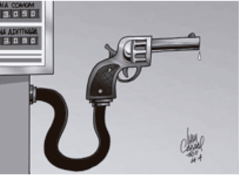 Charge sem falas mostrando uma bomba medidora de posto de gasolina. A extremidade da mangueira preta, que normalmente encaixa no tanque do carro, tem o formato de um revólver de tambor apontado para a direita.