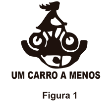 Figura 1: Logotipo em preto e branco com a silhueta de uma pessoa andando de bicicleta, inserida dentro da silhueta da parte inferior de um carro, sugerindo uma substituição. Abaixo do desenho, lê-se o texto 'UM CARRO A MENOS'.