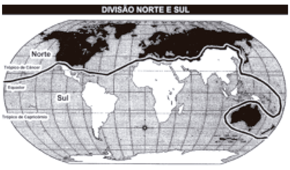 Mapa-múndi em tons de cinza com o título 'DIVISÃO NORTE E SUL'. Uma linha preta sinuosa atravessa o mapa da esquerda para a direita, dividindo os países. A parte designada como 'Norte' fica acima da linha e engloba a América do Norte (EUA e Canadá), a Europa, a Rússia e o Japão; a linha também faz um contorno profundo em direção ao hemisfério sul oceânico para incluir a Austrália e a Nova Zelândia no grupo do 'Norte'. A parte designada como 'Sul' fica abaixo da linha e engloba toda a América Latina, a África e a maior parte da Ásia (como Índia, China e Oriente Médio).