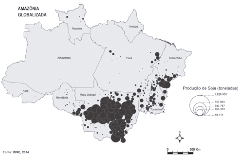 Mapa do Brasil intitulado 'Amazônia Globalizada', com foco nas regiões Norte e Centro-Oeste. O mapa apresenta círculos pretos de diferentes tamanhos que representam a 'Produção de Soja (toneladas)'. A maior concentração de círculos grandes encontra-se no estado de Mato Grosso, espalhando-se também para os estados de Rondônia, sul do Pará, Tocantins e Maranhão.
