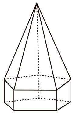 Ilustração tridimensional de uma embalagem com formato de pirâmide. A base da figura é um polígono delineado por linhas, algumas sólidas na frente e pontilhadas na parte de trás, onde é possível contar exatamente cinco lados.