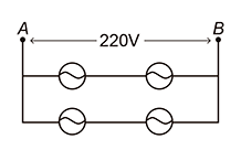 Esquema de circuito com terminais A e B nas extremidades direita e esquerda. O circuito se divide em dois ramos paralelos. O ramo superior contém duas lâmpadas em série, e o ramo inferior contém outras duas lâmpadas em série.