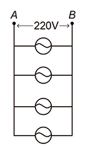 Esquema de circuito onde os terminais A e B encontram-se na parte superior, alimentando dois fios verticais. Entre esses fios verticais, há quatro ramificações horizontais, cada uma contendo uma lâmpada, configurando uma ligação com quatro lâmpadas em paralelo.
