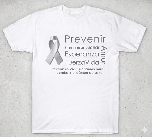 Imagem de uma camiseta branca. Na parte frontal superior, há um laço cinza, símbolo de campanhas de conscientização, ao lado de um bloco de palavras em espanhol com diferentes tamanhos de fonte: 'Prevenir' (em destaque), 'Comunicar', 'Luchar', 'Esperanza', 'Fuerza', 'Vida' e 'Amor' (escrita na vertical). Abaixo desse bloco, há a frase em letras menores: 'Prevenir es Vivir, luchamos para combatir el cáncer de seno.'