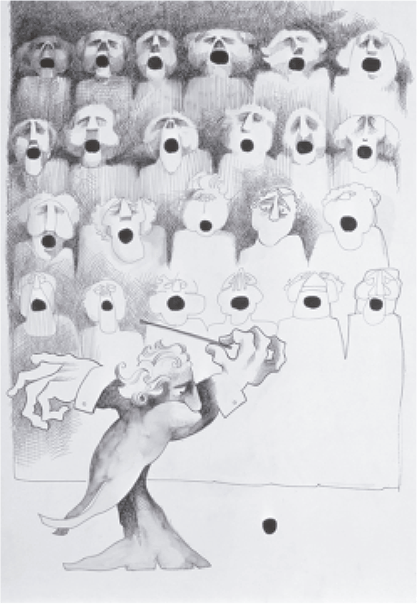Aquarela em preto e branco desenhada em estilo de caricatura. Mostra um maestro de costas, com cabelos desgrenhados, regendo um coral. O coral é composto por cantores agrupados, mas cada um possui uma expressão facial distinta e cômica. O grande detalhe humorístico é que um dos cantores está sem a boca no rosto; a boca dele (um círculo escuro) aparece caída no chão, perto dos pés do maestro, que a observa atônito.