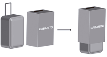 Ilustração de uma mala retangular com rodinhas e alça ao lado de uma caixa oca (gabarito) também retangular. Uma seta aponta indicando que a mala deve ser inserida dentro do gabarito. O gabarito possui formato de paralelepípedo, formado por faces planas e retangulares.