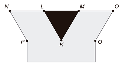 Logotipo contendo uma linha reta horizontal no topo com os pontos N, L, M e O em sequência (da esquerda para a direita). Abaixo da linha, ao centro, há um triângulo equilátero preto invertido (vértices K, L, M), onde L e M estão na linha superior e K é a ponta inferior. À esquerda do triângulo, há um segmento de reta NP ligando o topo à parte de baixo, com a mesma inclinação do lado LK. À direita, há um segmento OQ ligando o topo à parte de baixo, com a mesma inclinação do lado MK.