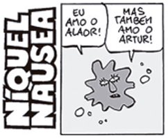 Primeiro quadrinho da tirinha Níquel Náusea. Uma ameba está pensativa e diz no balão de fala: 'Eu amo o Alaor! Mas também amo o Artur!'.
