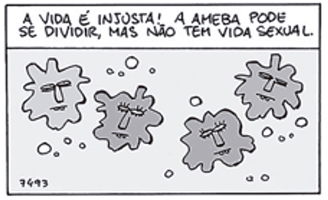 Terceiro quadrinho. Aparecem quatro amebas resultantes de sucessivas divisões, todas com a mesma fisionomia e expressões frustradas. Uma delas afirma: 'A vida é injusta! A ameba pode se dividir, mas não tem vida sexual.'