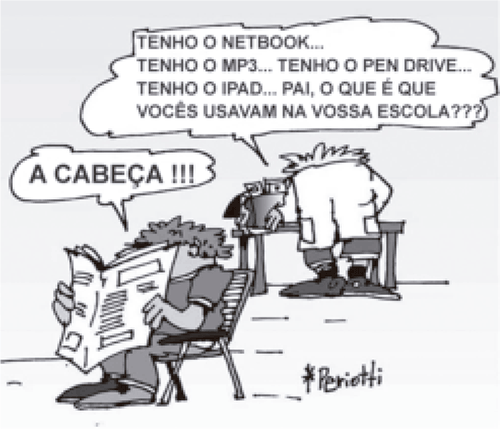 Charge em preto e branco. Um menino, carregando vários aparelhos eletrônicos, pergunta ao pai que está lendo jornal: 'Tenho o netbook... tenho o mp3... tenho o pen drive... tenho o iPad... Pai, o que é que vocês usavam na vossa escola???'. O pai vira-se, aponta para a própria cabeça e responde: 'A cabeça !!!'. Assinatura de Periotti.