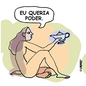 Primeiro quadro de uma tirinha da cartunista Laerte. Uma figura humana sentada de perfil segura uma lâmpada mágica e diz: 'EU QUERIA PODER.'