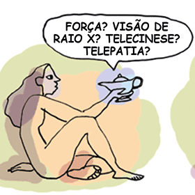 Segundo quadro da tirinha. O gênio da lâmpada, representado por uma fumaça azulada, pergunta: 'FORÇA? VISÃO DE RAIO X? TELECINESE? TELEPATIA?'