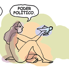 Terceiro quadro da tirinha. A figura humana responde calmamente ao gênio: 'PODER POLÍTICO.'