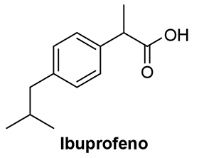 Fórmula estrutural do ibuprofeno mostrando um anel benzênico ligado a uma cadeia isobutila e a um grupo ácido propanóico.