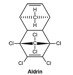 Estrutura molecular do Aldrin, um composto orgânico policíclico altamente clorado e simétrico.