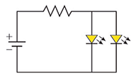 Circuito contendo uma bateria (polo positivo para cima) ligada em série a um resistor. Após o resistor, o circuito se divide em dois ramos paralelos, cada um com um LED apontando para cima (polarização reversa).