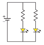 Circuito onde a bateria (polo positivo para cima) alimenta dois ramos paralelos. Cada ramo possui um resistor em série com um LED apontando para baixo (polarização direta).