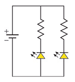 Circuito similar à alternativa B, com dois ramos paralelos contendo um resistor e um LED cada. No entanto, os LEDs estão apontando para cima (polarização reversa em relação à bateria).