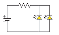 Circuito contendo a bateria ligada em série a um único resistor. Em seguida, o circuito se divide em dois ramos paralelos, cada um com um LED apontando para baixo (polarização direta).