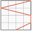 Plano visto de cima. A trajetória cruza da borda direita para a borda esquerda, formando um bico (sem deslizar pela borda). Retorna imediatamente em diagonal para a borda direita. Em seguida, desliza para baixo percorrendo um trecho ao longo da própria borda direita. Por fim, sai da borda direita em diagonal para terminar no meio da borda inferior.