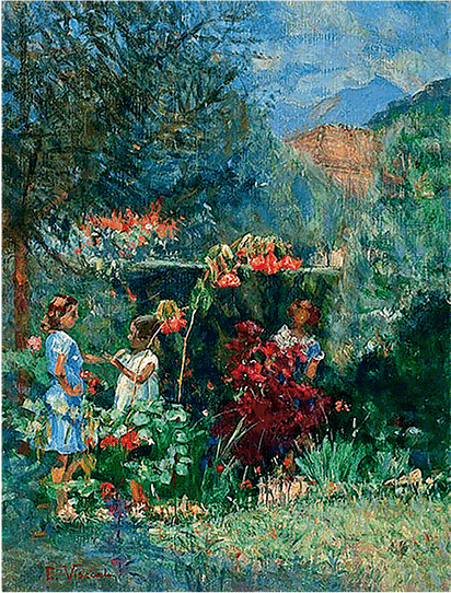 Pintura 'Três meninas no jardim' de Eliseu Visconti, retratando três meninas em um ambiente externo com vegetação e flores. A obra é construída com pinceladas soltas, curtas e justapostas, capturando a incidência da luz natural sobre o cenário.