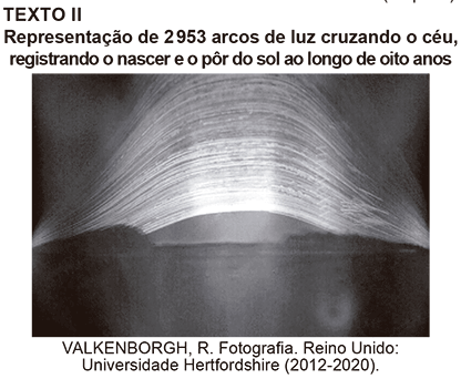 Fotografia em preto e branco mostrando o céu com milhares de linhas curvas (arcos de luz) sobrepostas, resultantes do rastro do sol capturado ininterruptamente ao longo de oito anos.
