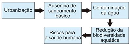 Fluxograma composto por cinco caixas de texto interligadas por setas, demonstrando uma relação de causa e efeito. O fluxo se inicia na caixa 'Urbanização', com uma seta apontando para a direita para 'Ausência de saneamento básico'. Desta, uma seta aponta para a direita para 'Contaminação da água'. A partir de 'Contaminação da água', uma seta aponta para baixo, em direção a 'Redução da biodiversidade aquática'. Por fim, desta caixa, uma seta aponta para a esquerda, chegando ao resultado final: 'Riscos para a saúde humana'.