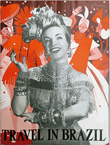 Primeira capa da revista Travel in Brazil. Apresenta uma ilustração em tons de vermelho e branco de uma mulher sorridente com adereços na cabeça que remetem a Carmen Miranda, cercada por músicos tocando instrumentos de percussão, simbolizando o samba e o carnaval.