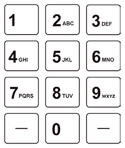 Ilustração de um teclado alfanumérico, semelhante ao de um telefone, organizado em uma grade de quatro linhas e três colunas. A primeira linha possui os botões '1', '2 ABC' e '3 DEF'. A segunda linha possui os botões '4 GHI', '5 JKL' e '6 MNO'. A terceira linha possui os botões '7 PQRS', '8 TUV' e '9 WXYZ'. A quarta linha possui um botão vazio com traço, o botão '0' e outro botão vazio com traço.