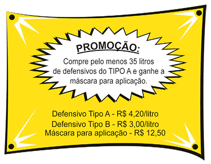 Cartaz amarelo com bordas desenhadas em zigue-zague, indicando uma oferta. No centro superior, há o texto em destaque: 'PROMOÇÃO: Compre pelo menos 35 litros de defensivos do TIPO A e ganhe a máscara para aplicação.' Na metade inferior do cartaz, estão listados os preços: 'Defensivo Tipo A - R$ 4,20/litro', 'Defensivo Tipo B - R$ 3,00/litro', 'Máscara para aplicação - R$ 12,50'.