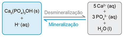 Equação química reversível mostrando o equilíbrio entre reagentes e produtos. Do lado esquerdo (reagentes): Ca5(PO4)3OH sólido (s) somado a íons H+ aquosos (aq). No centro, há duas setas de equilíbrio: a seta apontando para a direita indica a 'Desmineralização' e a seta para a esquerda indica a 'Mineralização'. Do lado direito (produtos): 5 íons Ca2+ aquosos (aq) somados a 3 íons PO4 3- aquosos (aq) somados a H2O líquida (l).
