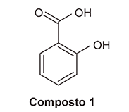Estrutura química do Composto 1. A molécula é formada por um anel benzênico (anel aromático de seis carbonos). Ligado diretamente a um dos carbonos desse anel, há um grupo hidroxila (-OH). Em um carbono adjacente do mesmo anel, há um grupo caracterizado por um carbono com ligação dupla para um oxigênio e ligação simples para uma hidroxila (C=O ligado a OH).