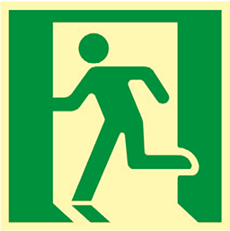 Placa retangular com fundo verde e bordas brancas contendo o pictograma branco de uma pessoa correndo em direção a um retângulo que representa uma porta aberta, indicando uma saída de emergência.
